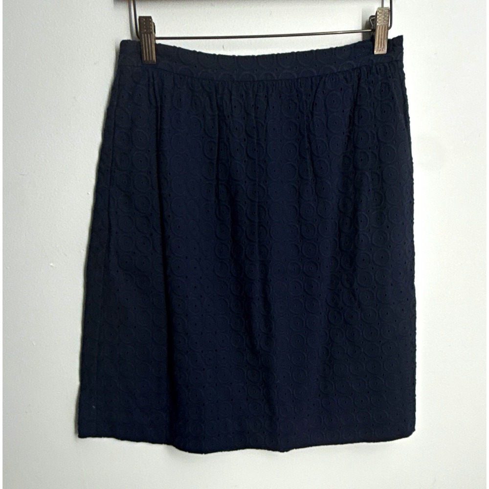 J.Crew Navy Cotton Eyelet A-Line Knee Length Skirt 4 Lined Zip Zipper